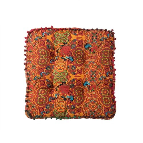 Joqmia Boho Cotton Linen Square Chair Seat Cushions for Dining Kitchen Office Chairs Super Soft Printed Chair Pads with Pompom Fringe