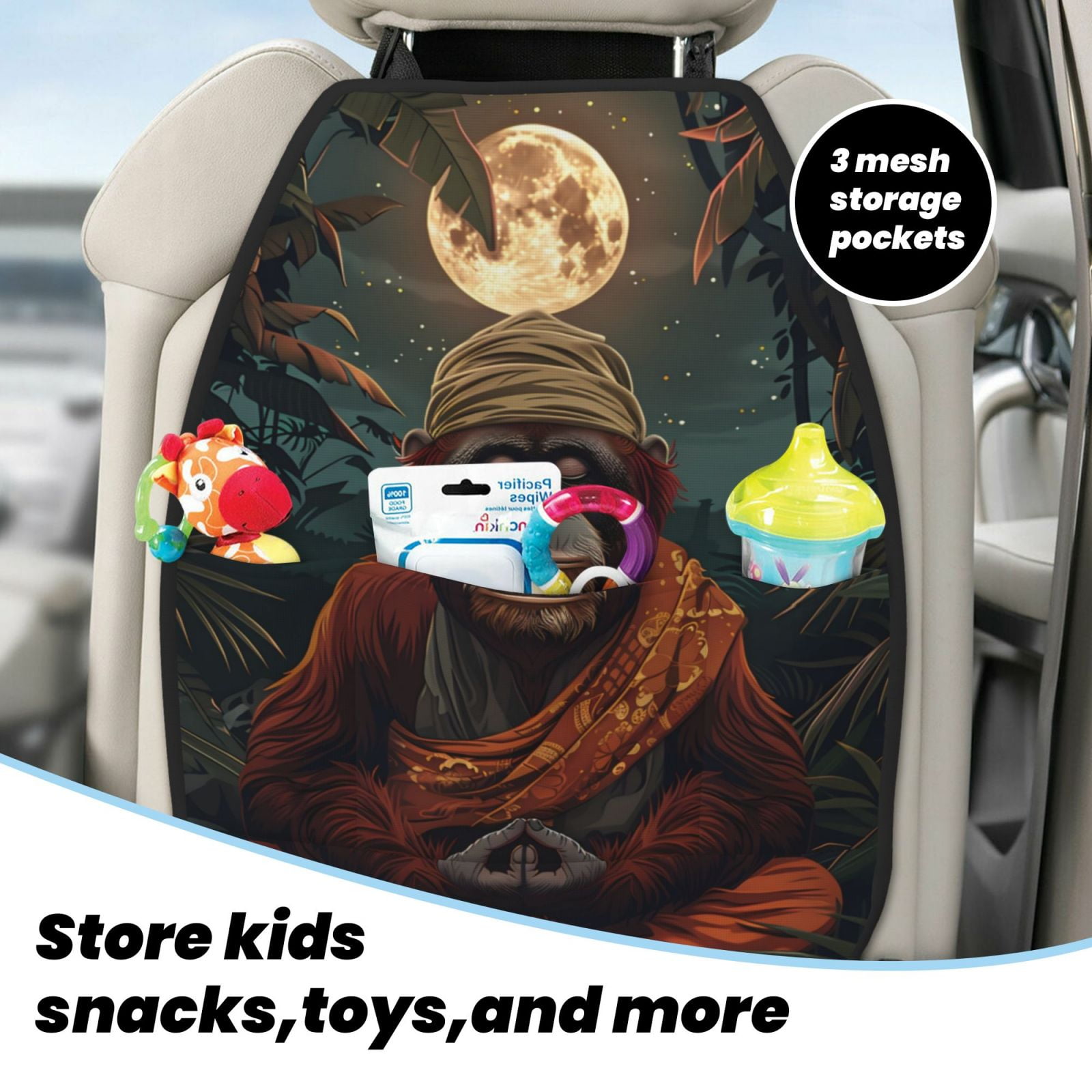 Xecao Banana Leaf Meditating Gorilla Pattern Car Seat Back Protector 2 Pack Large Capacity Pocket, Kick Mats Back Seat Protector