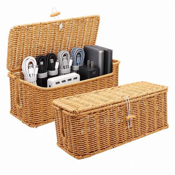 GreenpodCable Management Box, Handmade Rattan Cable Organizer, Open Slots Cords Hider Box Cord Basket Under Desk Cord Organizer for Computer Router USB Hub & Power Strip