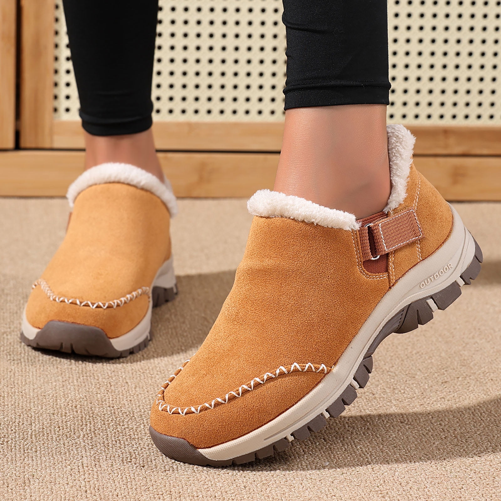 Dakaela Womens Winter Snow Boots Fleece Lined Hiking Slip on Loafers Sneakers Outdoor Plush Short Booties Shoes Brown 6.5