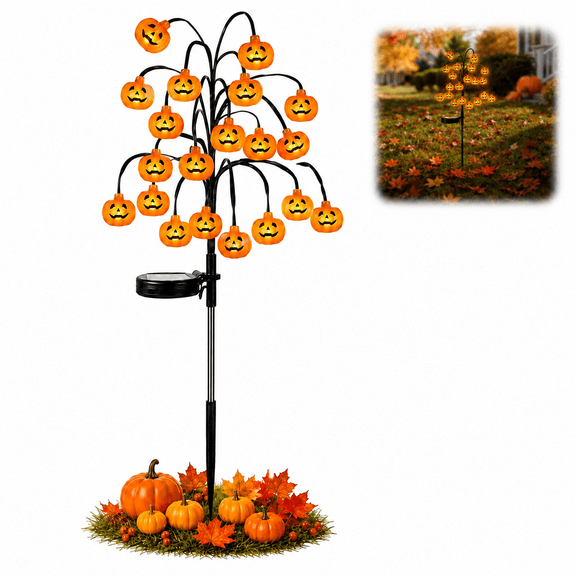 Solar Pumpkin Tree Stake Light with Hanging LED Ornaments, Waterproof Outdoor Yard Decoration for Garden, Pathway & Patio, Easy Ground Installation(1Pcs)