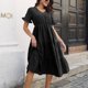 thumbnail image 3 of Vestido largo de mujer con cuello en V, manga corta, dobladillo con volantes, vestido casual de color puro para uso diario, 3 of 7