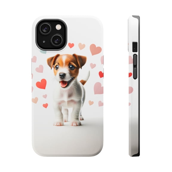 DistinctInk Tough Case for Apple iPhone 14 PLUS (6.7" Screen), Compatible with MagSafe Charging - Valentine's Day Russell Terrier Puppy