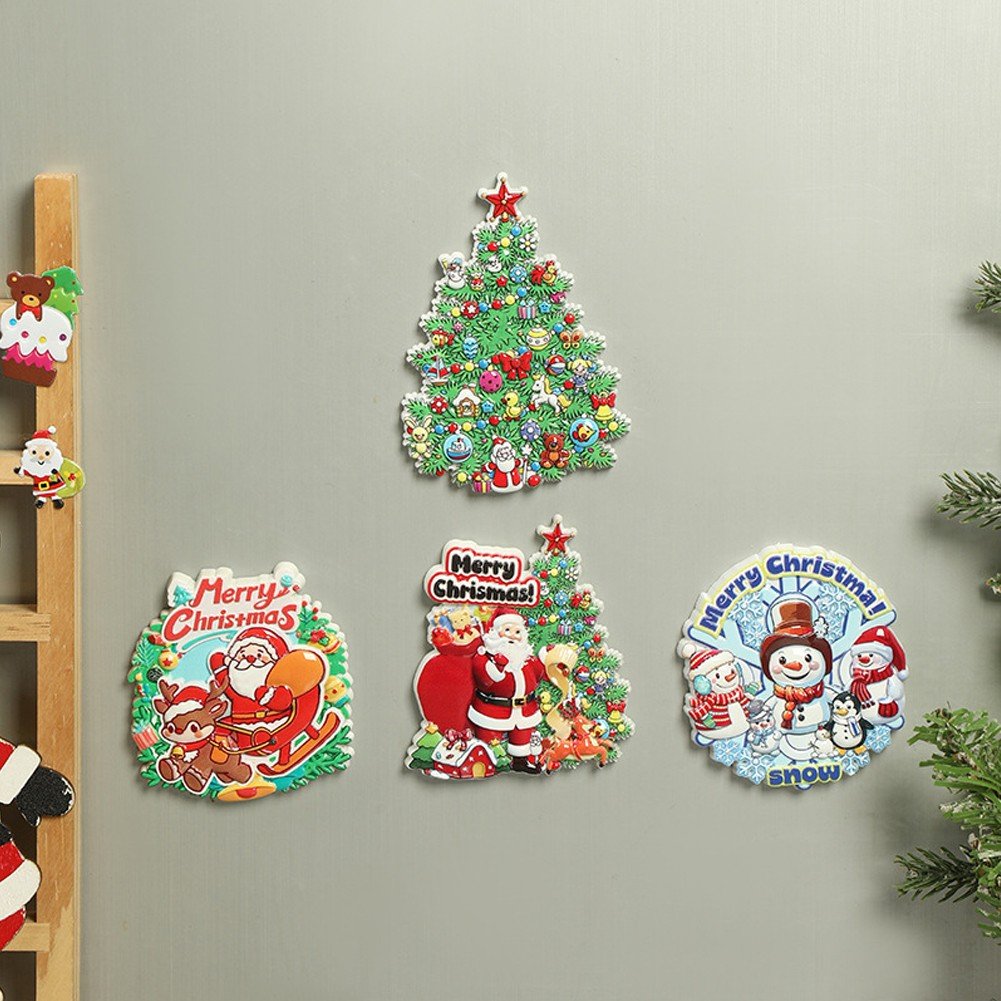 4PCS Christmas Refrigerator Magnets, Xmas Fridge Magnet Sticker Waterproof Santa Snowman Magnetic Refrigerator Stickers Removable Holiday Magnets for Refrigerator