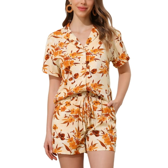 Conjuntos de Mujeres de Hawái de 2 Piezas, Camisa Floral de Botones y Pantalones Cortos, Ropa Casual de Vacaciones Tropicales en la Playa 2026 L Beige Naranja