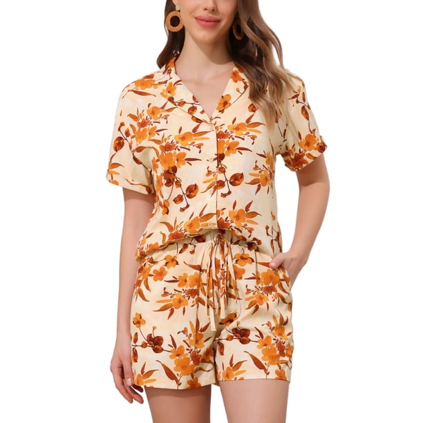 Conjuntos de Mujeres de Hawái de 2 Piezas, Camisa Floral de Botones y Pantalones Cortos, Ropa Casual de Vacaciones Tropicales en la Playa 2026 L Beige Naranja
