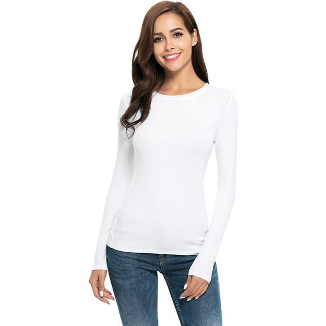 Women Long Sleeve Crew Neck/Scoop Neck Rayon Slim Fit Stretchy Layer T Shirts Tops