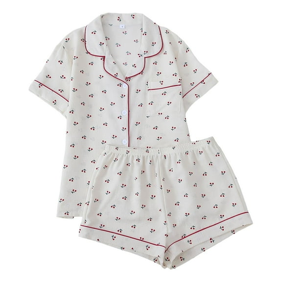 SJLDQY Women's Pajamas Set 2 Peice Pjs Set for Women Casual Cherry Graphic Short Sleeve Pajama Tops Shorts Soft Comfy Homewear Sleepwear Outfits