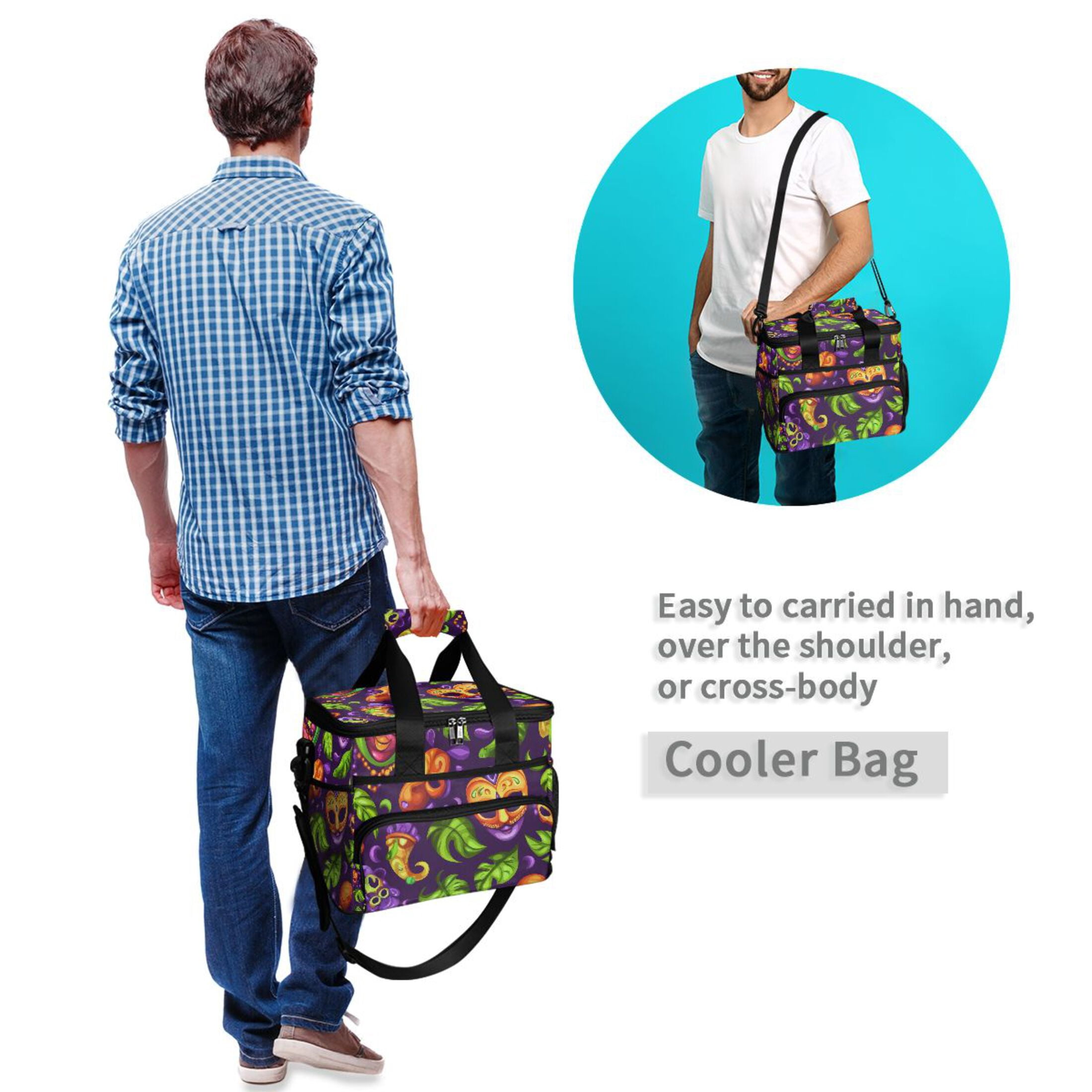 Colorful Mardi Gras Pattern Insulated Lunch Bag 15L Cooler Box for Women Men Work Camping Beach Travel