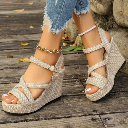 

Wavsuf Wedge Sandals for Women Casual Summer Solid Wide Vintage Beige Sandals Shoes Size 5.5
