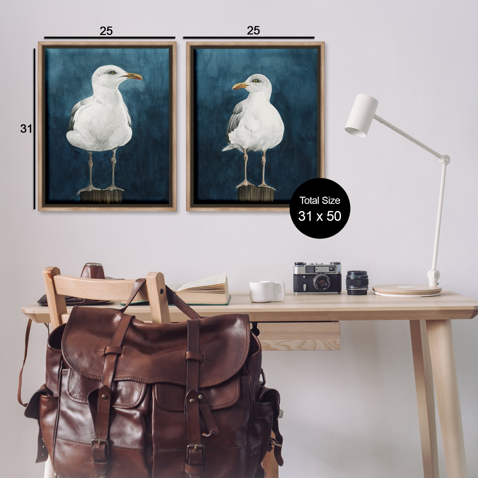 Stupell Industries Seagull Standing on Log Animals Painting Brown Floater Framed Canvas Art Print Wall Art, 31 x 25, Set of 2