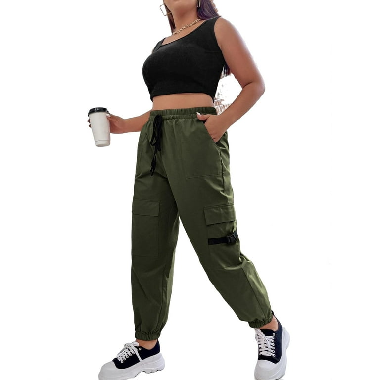 Women s Plus Size Pants Casual Plain Cargo Pants Army Green 2XL