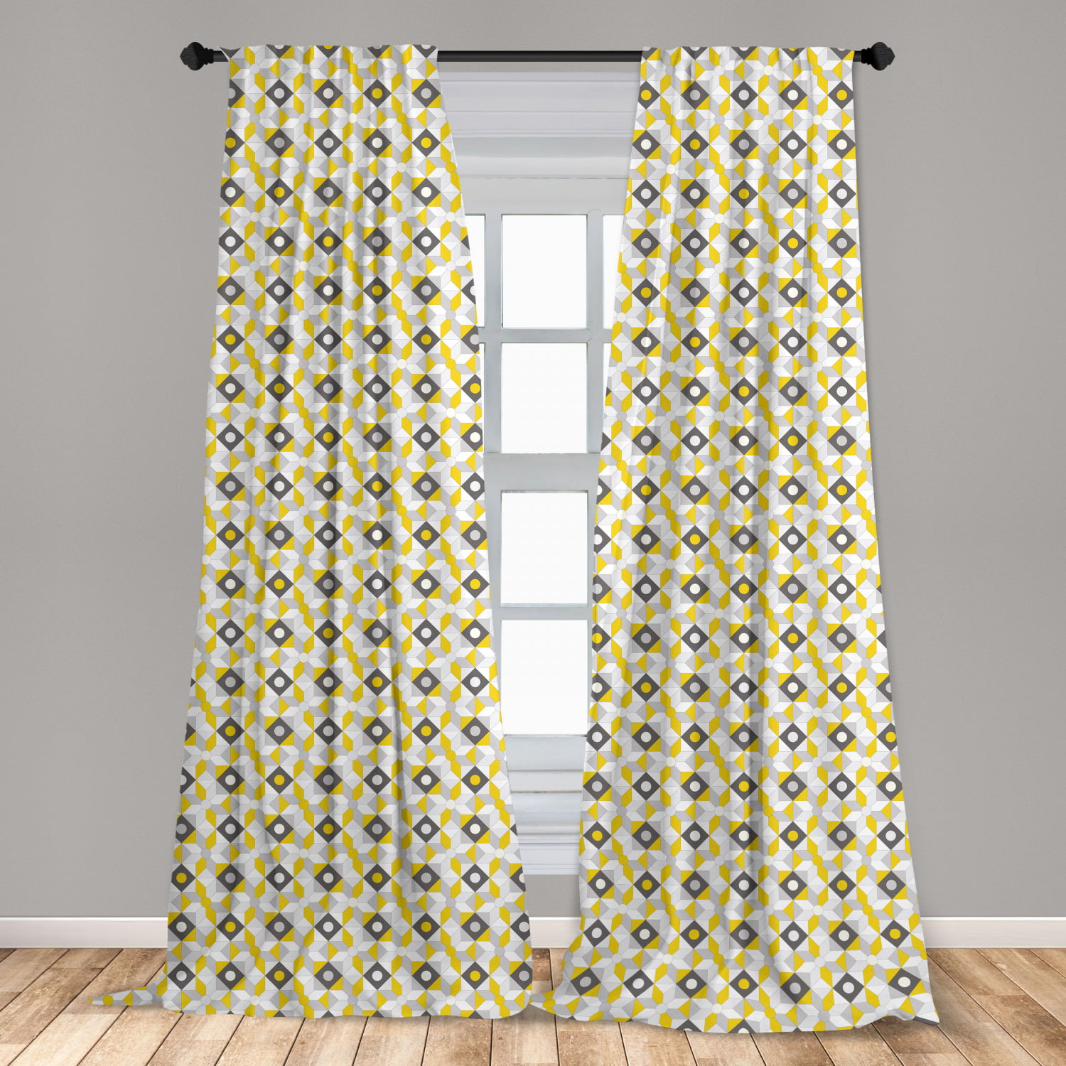 Foam Back Lining & Grommet Top Yellow Grey & White Chevron Print Curtain Panels 