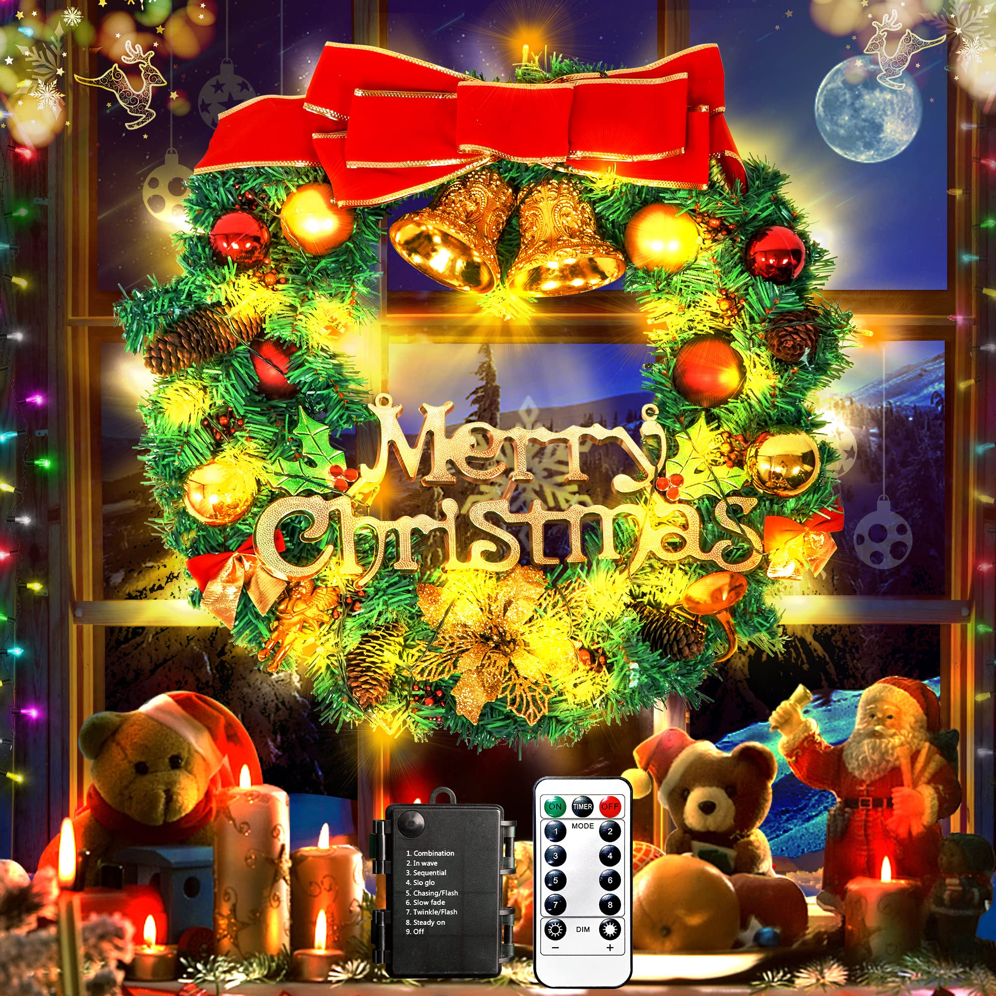 24Inch Christmas Wreath, Lighted Christmas Wreaths for Front Door with