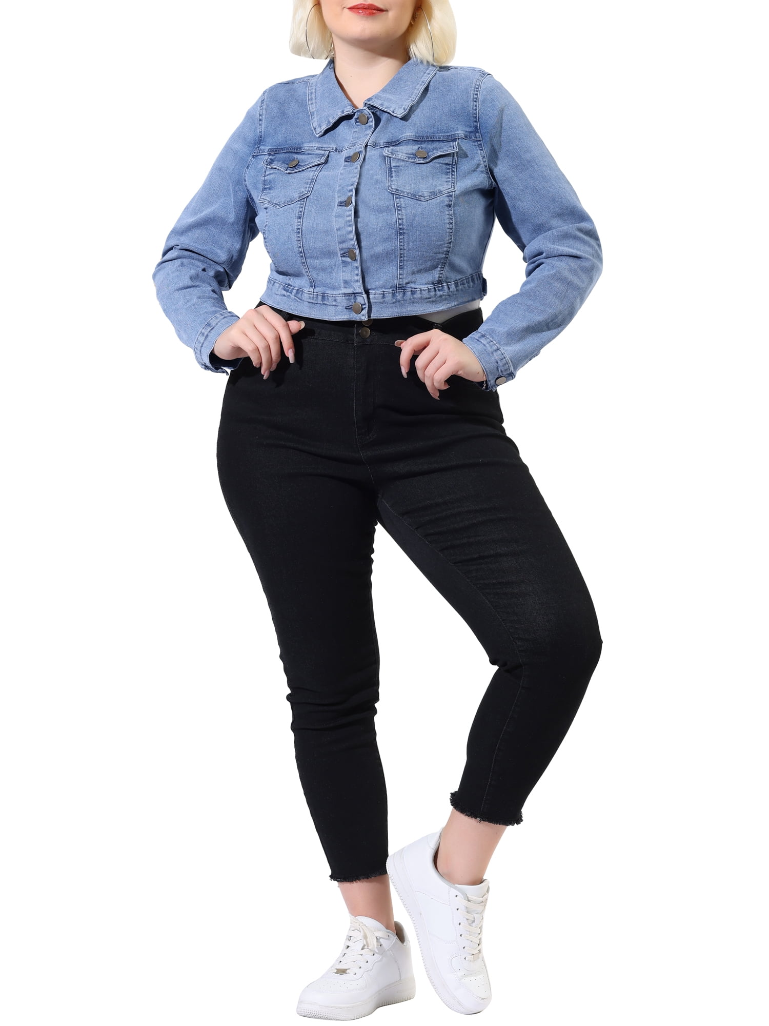 Unique Bargains Juniors' Plus Size Button Closed Cropped Denim Jacket