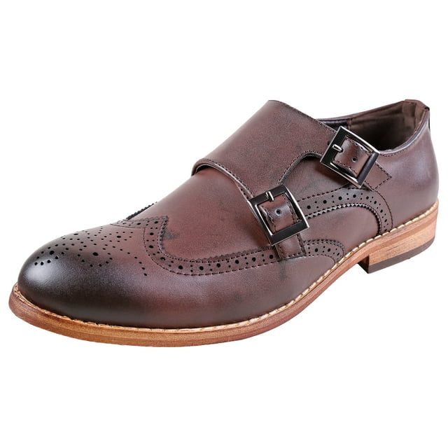Urban Fox Allen Men's Dress Shoe | Double Monk Strap | Brogue | Wingtip Shoes for Men | Dark Brown 14 M US