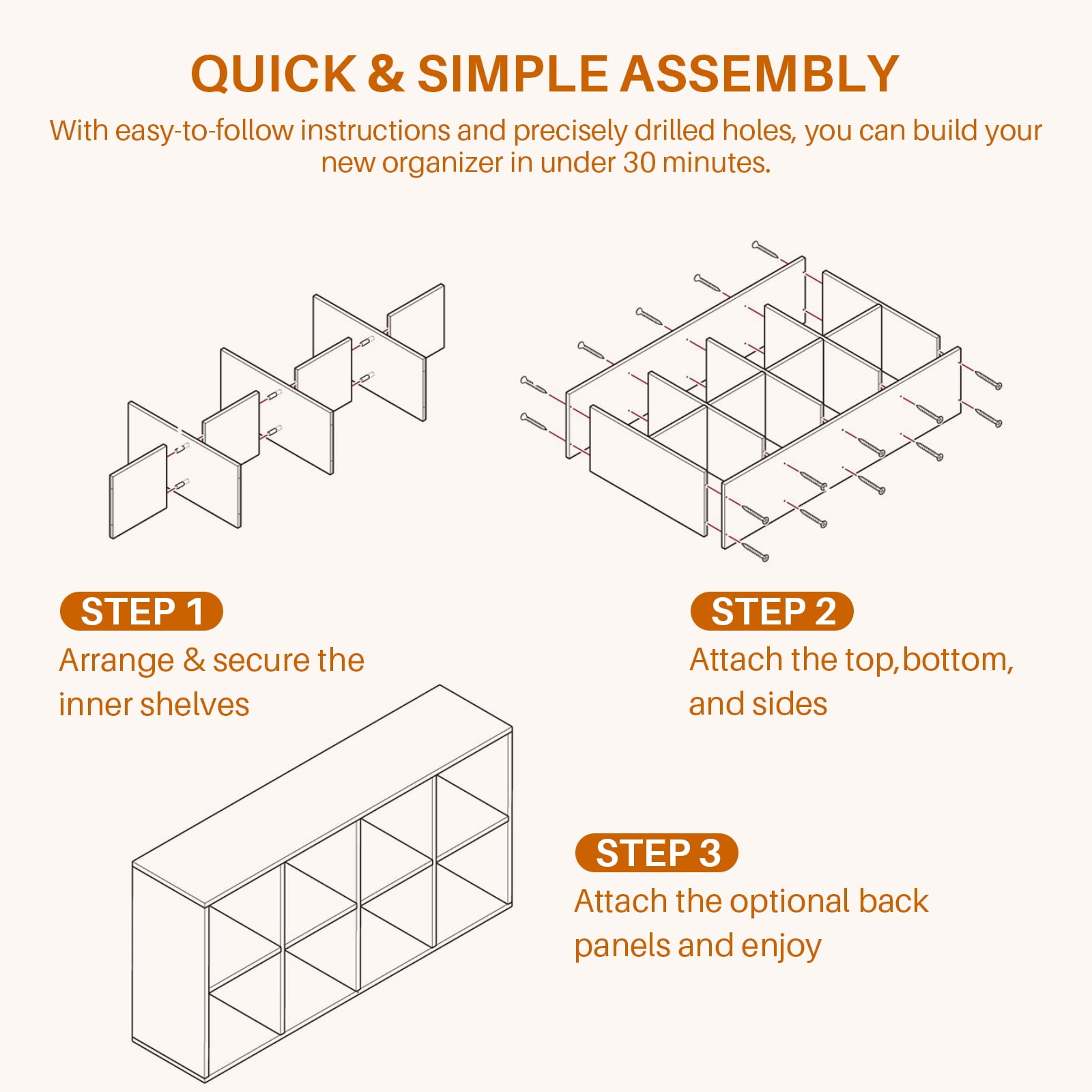 Atilioo 8 Cube Storage Organizer, Open Bookcase, Space-Saving Display Shelf with Removable Back Panels, Easy Assembly, Black