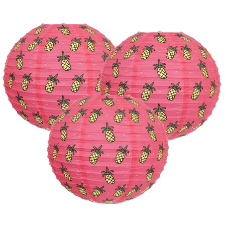 Just Artifacts 12-Inch Tropical Luau Pineapple Pink Paper Lantern (Set of 3)
