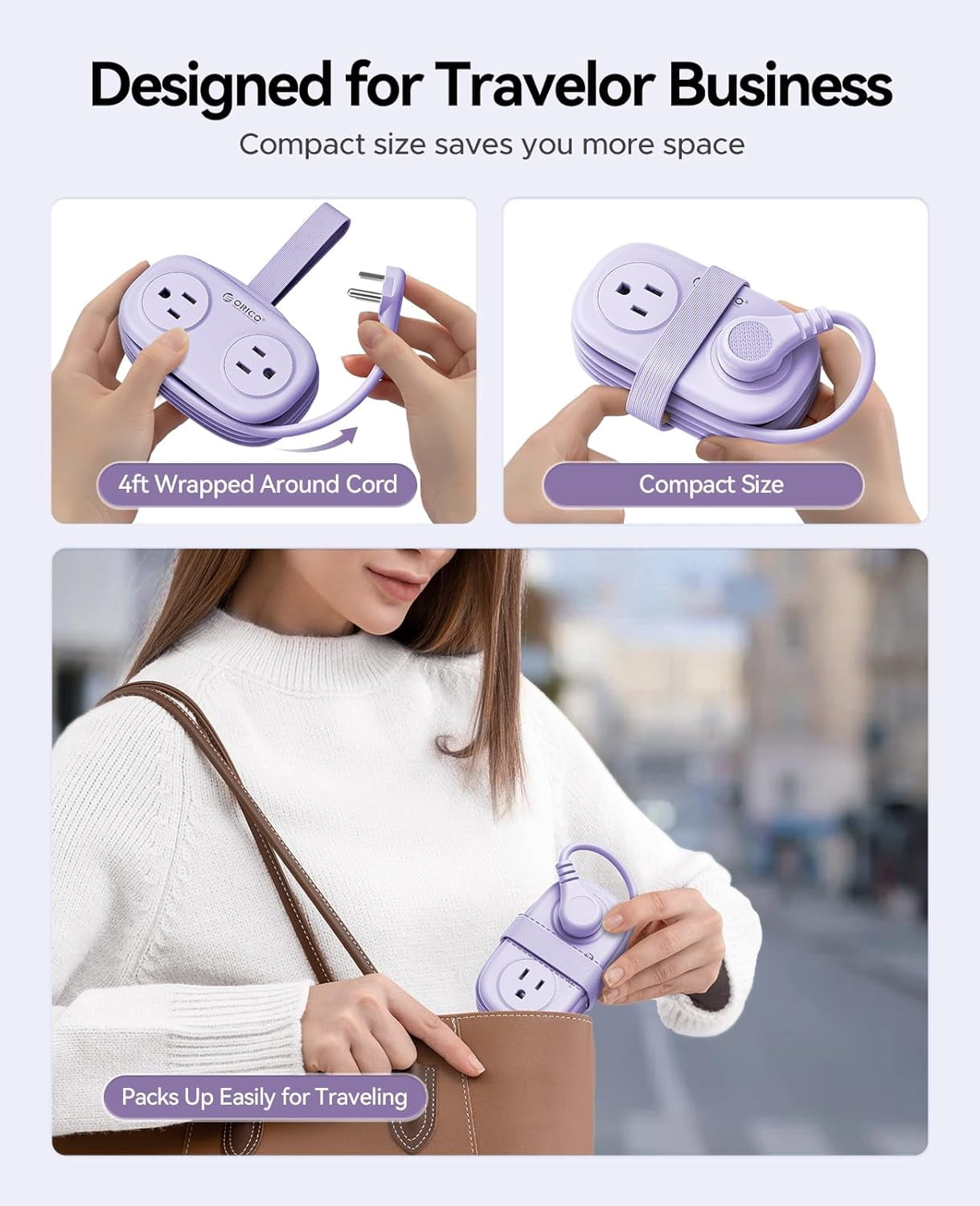 4FT Purple Cruise Approved Travel Power Strip with 4 AC Outlets, 2 USB-A Ports, and 1 USB-C Port, 45° Flat Plug Extension Cord with Non Surge Protector for Travel/Home/Dorm/Office-AP3