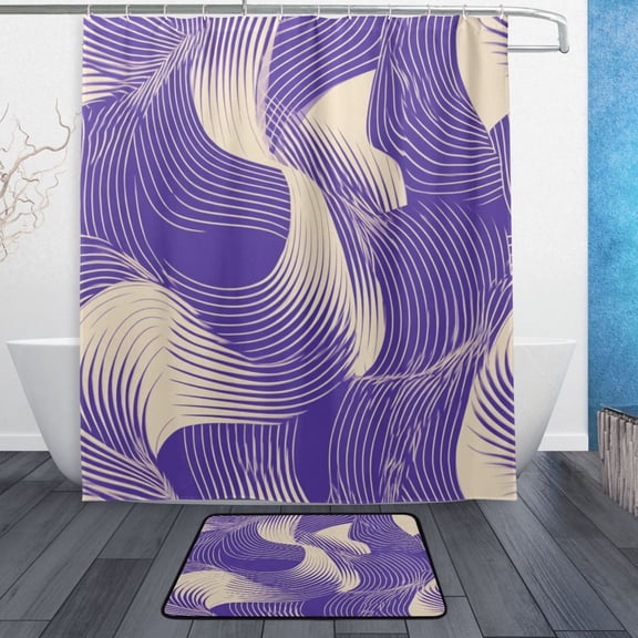 TTYFWHD 60" x 72" Shower Curtain and Bath Mat Set Purple Chaotic Lines Waterproof Bathroom Curtain with 12 Hooks, Bathroom Decor Set