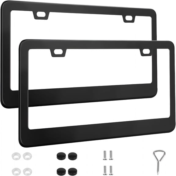 RIONIMA 2 Pack License Plate Frames,Stainless Steel Car License Plate Cover Car Accessories with Screw Caps (Black)