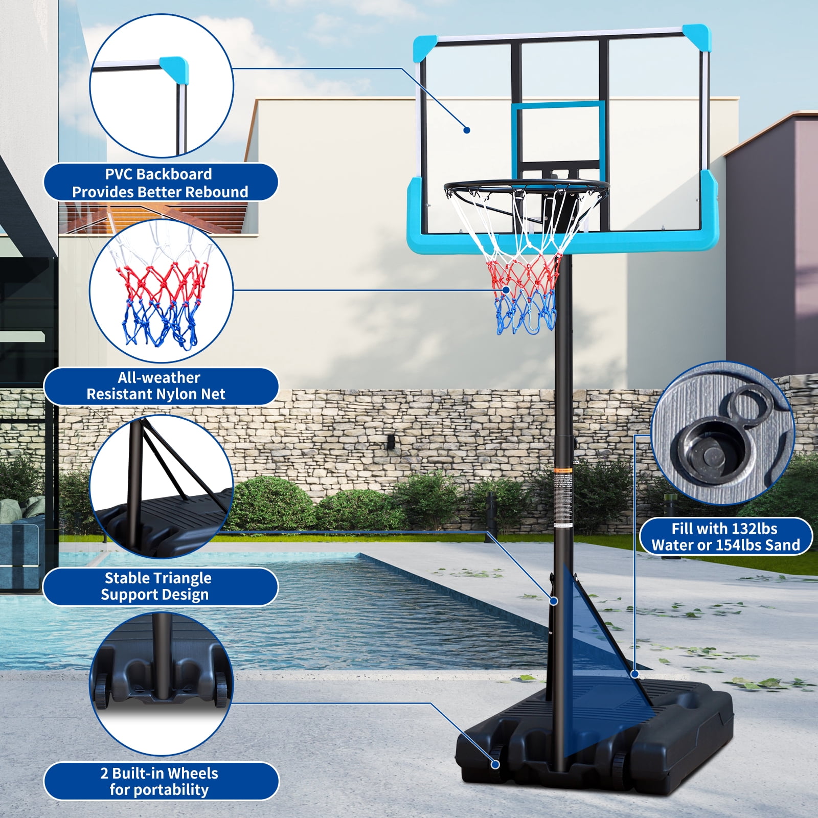Aukfa Portable Basketball Hoop Adjustable Height 4ft - 6.5ft Backboard for Kids Adults Indoor Outdoor - Blue
