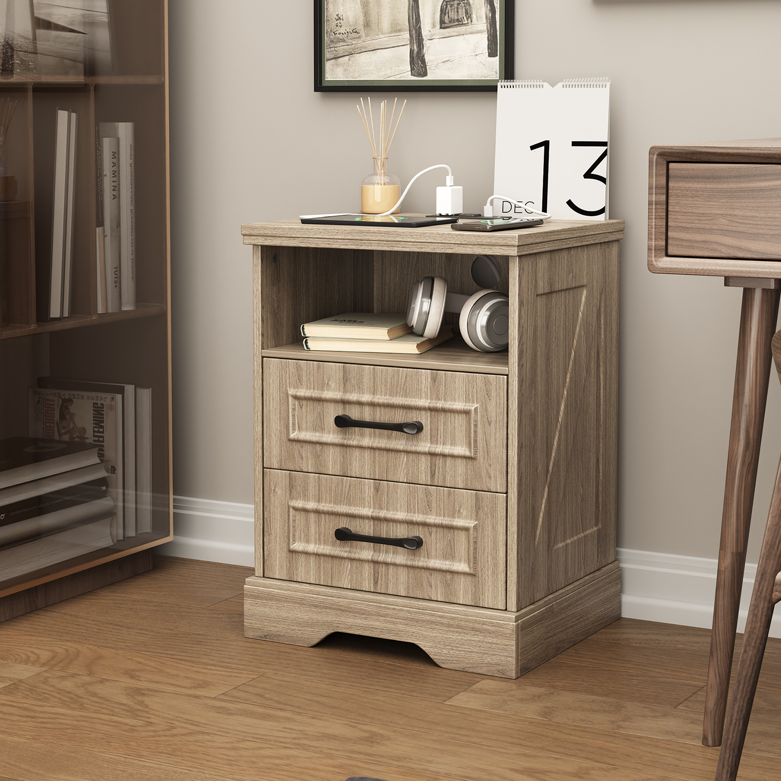 Nightstand with Charging Station, Farmhouse Nightstands with 2 Drawers Storage Side Table Bedside Cabinet for Bedroom Living Room