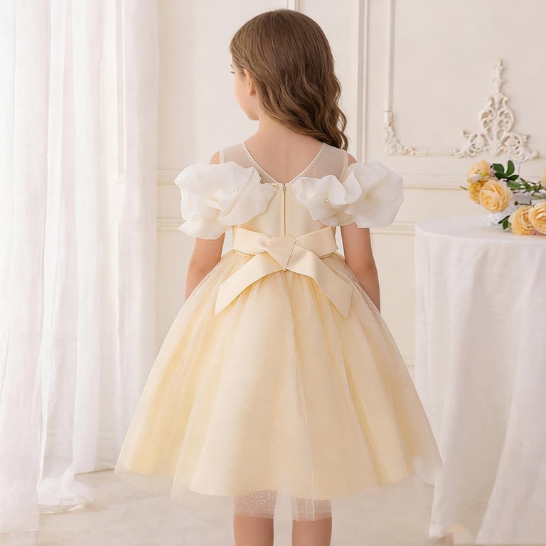 beige puffy dress ITSAME for Girls, Waist-Cinching Tulle Crewneck Kids Wedding Pageant Party Prom Gown Yellow 14-15T 31.5 XXXL light-yellow-collection Beaded Flapper Wedding Dress Variant:2XLarge