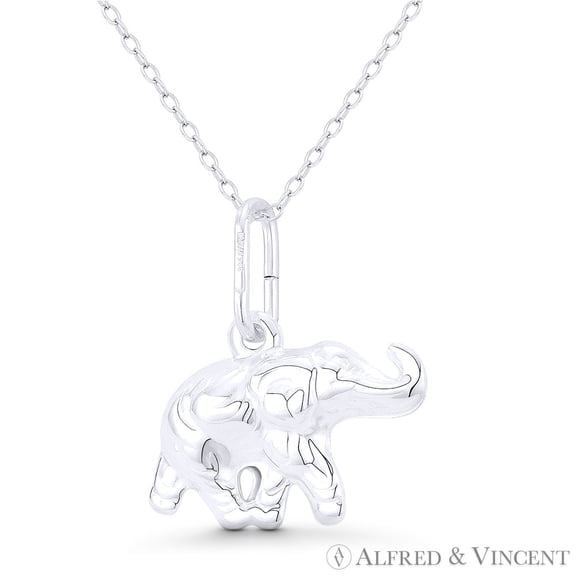 Elephant Animal Charm Hollow Reversible 3D 22x25mm (0.9x1in) Pendant & Chain Necklace in .925 Sterling Silver