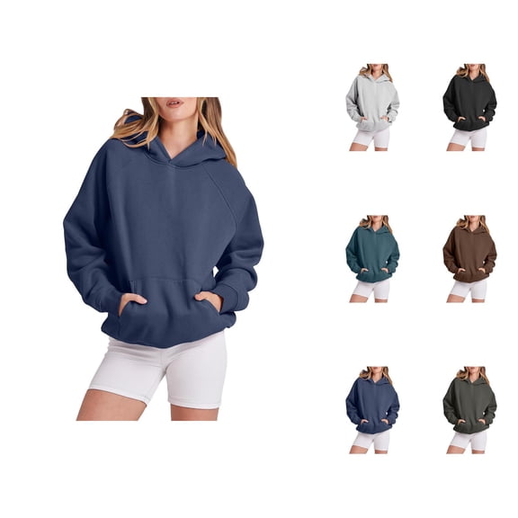 Womens Clothes Women's Solid Color Sweatshirt Women Solid Basic Letter Loose Hoodie Sweatshirt Long Sleeve Pocket Drop Shoulder Pullovers Top