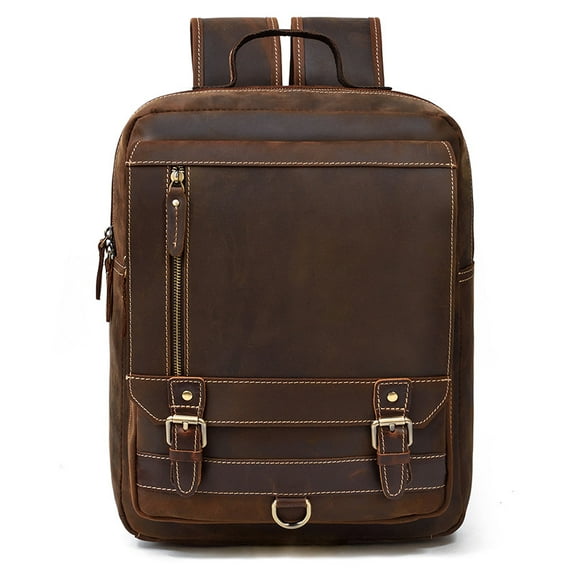Retro Men's Backpack Leather Student School Bag Crazy Horse Leather Flap Backpack Top Layer Leather Leisure Travel Bag,1039 dark brown