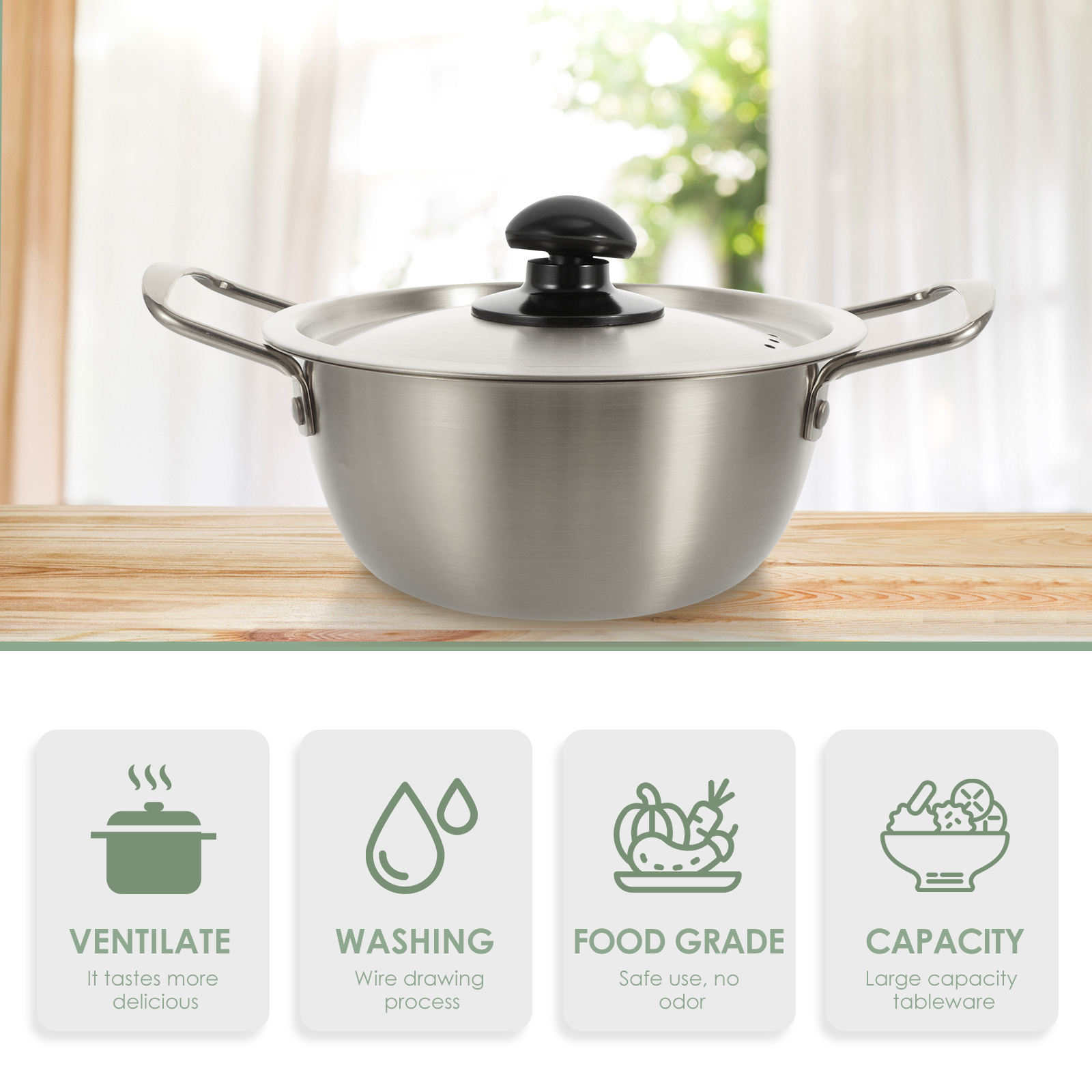 LOLIPPYY 1Set Stainless Steel Instant Noodle Pot Double Ear Cooking Pot with Comfortable Handles