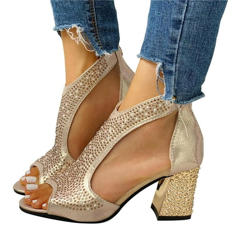 

Thick Heel Hollow Out Gauze Sequins Crystal Peep-toe Sandals Women s Shoes