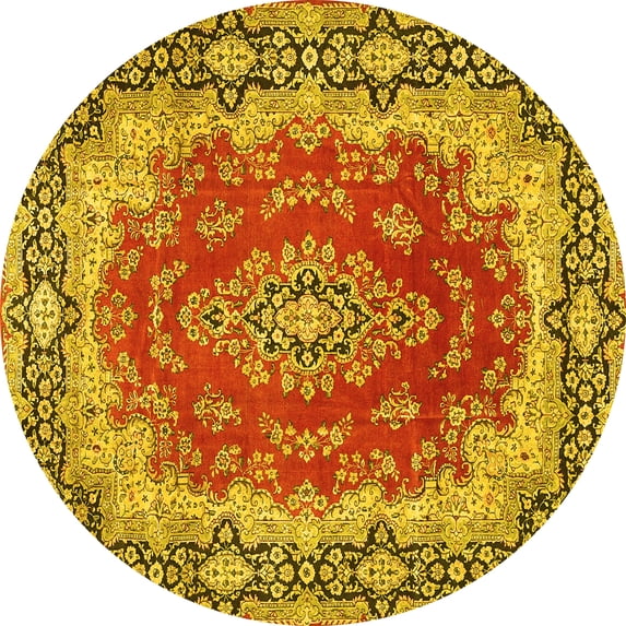 Ahgly Company Machine Washable Indoor Round Medallion Yellow Traditional Area Rugs, 3' Round