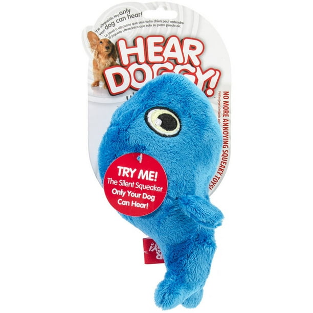 HEAR DOGGY! Whale with Silent Squeak Technology Plush Dog Toy, Blue, Small