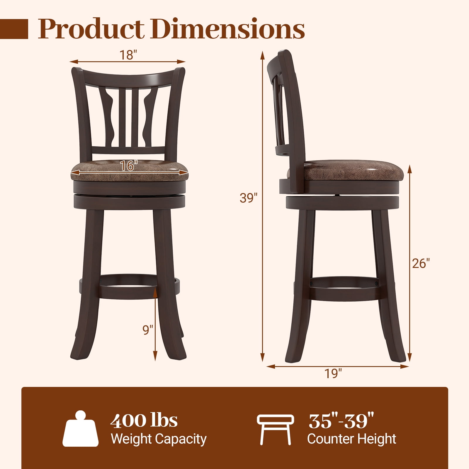 Gymax 26'' Counter Height Swivel Bar Stools Set of 4 w/Back & Faux Leather Seat