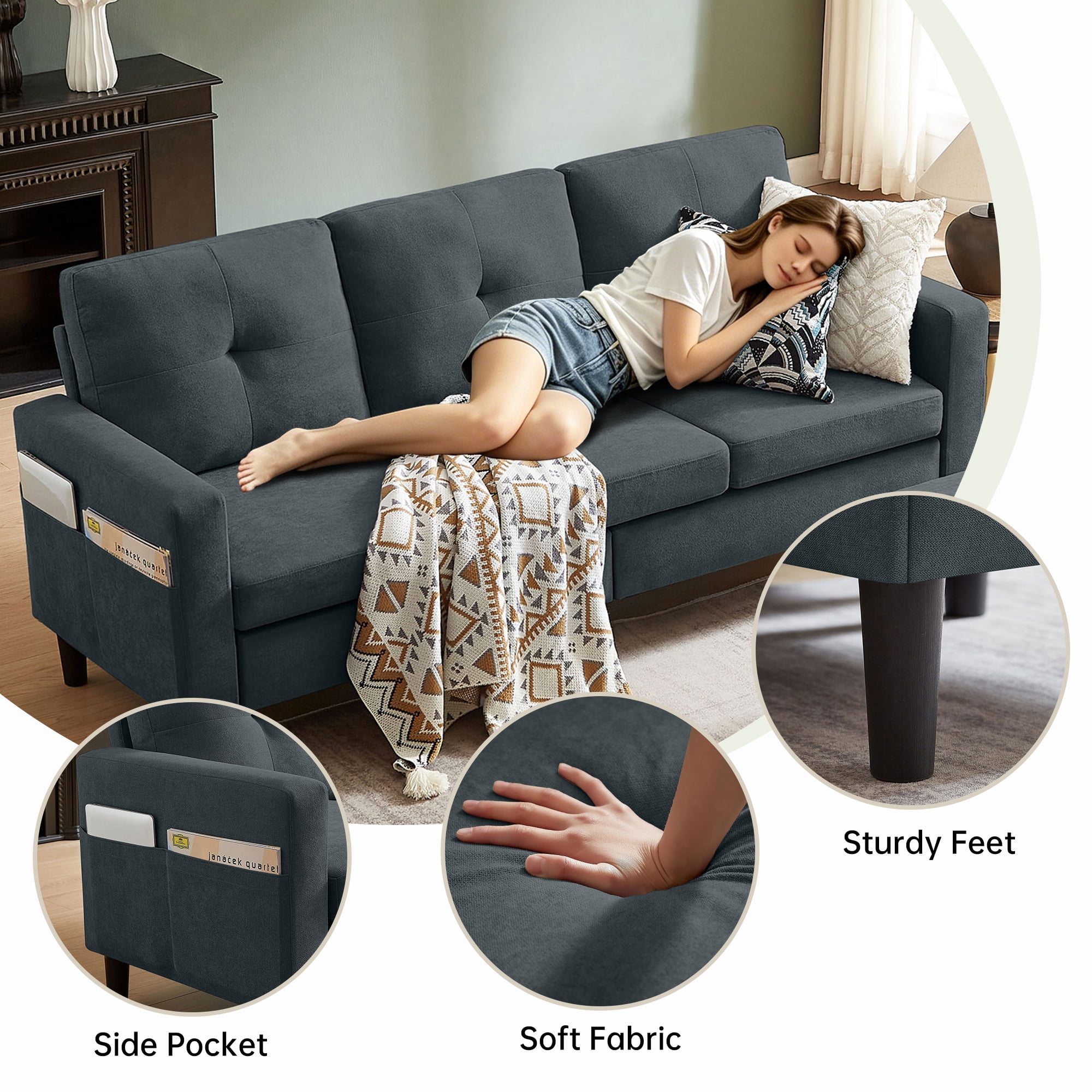 Tornama Linen Small L Shaped 3-Seat Convertible Sectional Sofa, Dark Gray