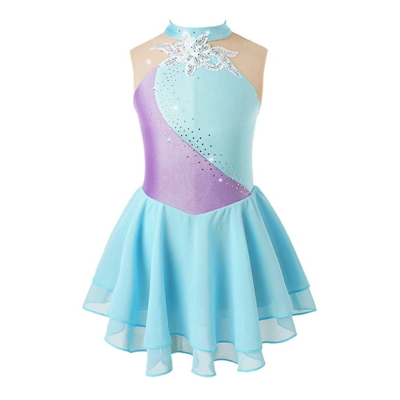Xnihocha Kids Girls Sleeveless Figure Ice Skating Dress Rhinestones Sequins Gymnastics Ballet Dance Leotards Tutu Dress Light Blue 8