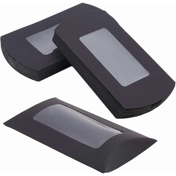 30 cajas de papel tipo almohada para dulces de 7 x 12 x 2 cm con ventana rectangular transparente, color negro, pequeñas cajas para regalos de boda y fiestas de cumpleaños.