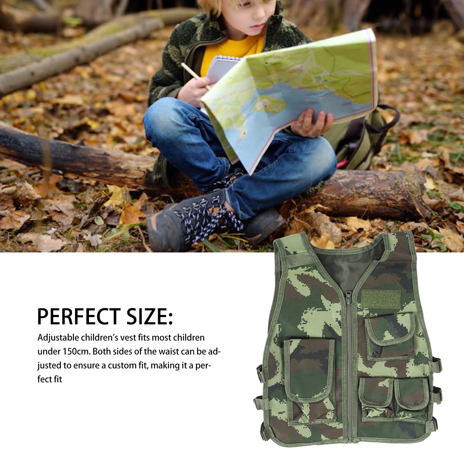 Gilet de Chasse Gilet de Tir Reglable Gilet de Tir avec Poches Zippees Gilet de Camouflage Reglable pour Enfants Velo en Plein Air Randonnee