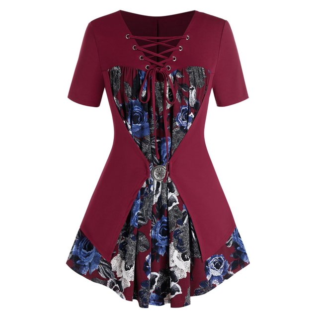 Tamaño más atan para arriba la impresión floral de la hebilla de camiseta Rosegal Camisetas tallas grandes