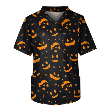 

HHei_K Halloween Scrubs Men s Short Sleeve V Neck Halloween Print Chest Pocket Carer Top