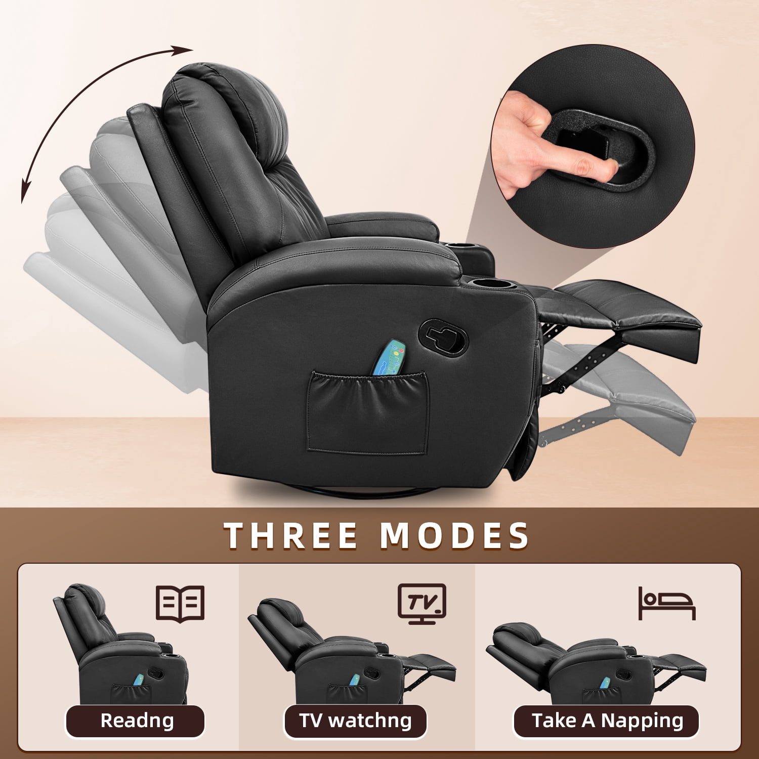Vineego 360° Swivel PU Leather Chair with Massage Function Adjustable Home Theater Single Recliner,Black