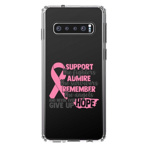 DistinctInk Clear Shockproof Hybrid Case for Samsung Galaxy S10  PLUS (6.4" Screen) - TPU Bumper Acrylic Back Tempered Glass Screen Protector - Pink Ribbon Cancer - Support Admire Remember