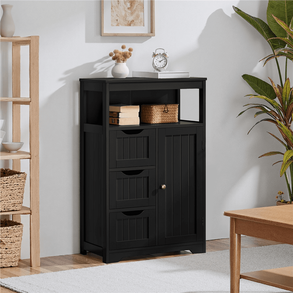 Yaheetech Wooden Floor Cabinet w/ Multi-Tiers & 3 Drawers, Black