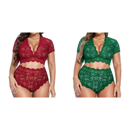 (2-Pack) Kcodviy Plus Size Women Sleepwear Lace Pajamas Set V Neck High Waist Lace Top Thigh High Stockings Plus Size Set Floral Lace Bra and Panty 2 Piece Set Lace Cat Ears Set No Und