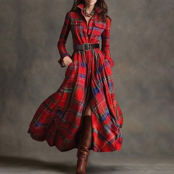 Wowcloth Women's Retro Plaid Shirt Dress, Slimming Irregular Long Sleeve with Lapel Collar and Button Front, Includes Belt and Pockets, Casual Versatile for Daily Wear and Office