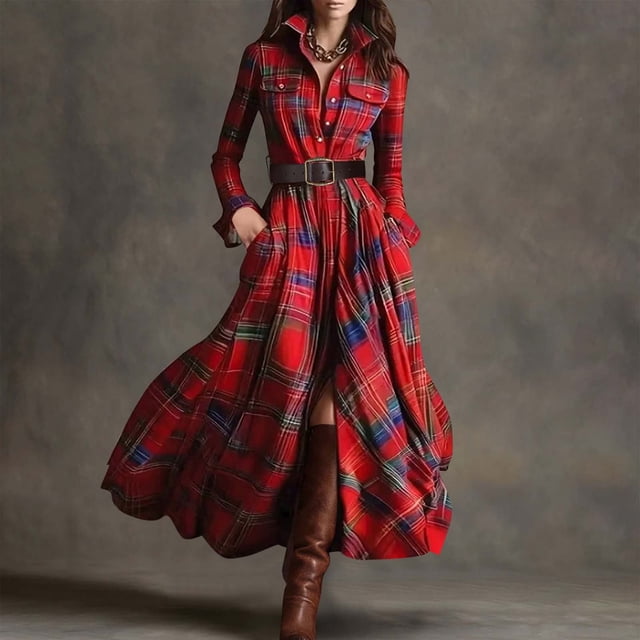 TaTaai Women‘s Plaid Belted Shirt Dress, Long Sleeve Collared Button Down Midi Dress with Pockets, Flattering A-Line Tunic Coat Dress for Fall Gift