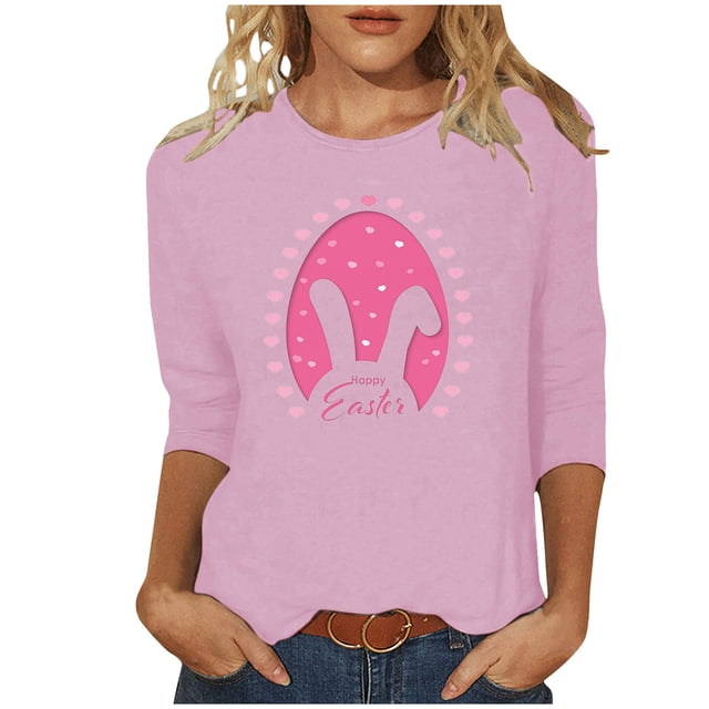 RKSTN Hauts de Pâques pour Femmes Tendance Pâques Printemps Été Col Rond Manches 3/4 Blouse Douce Hauts Oeufs de Pâques Mignon Lapin Imprimé Coupe Ample Hauts