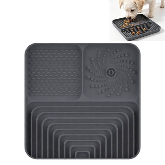 3-in-1 Silicone Slow Feeder and Lick Mat for Dogs, Suction Cup Pet Feeding Tray with Water Bowl, 7.87x7.87 Inch Enrichment Mat for Meals, Bathing and Grooming(3-in-1-Gray)